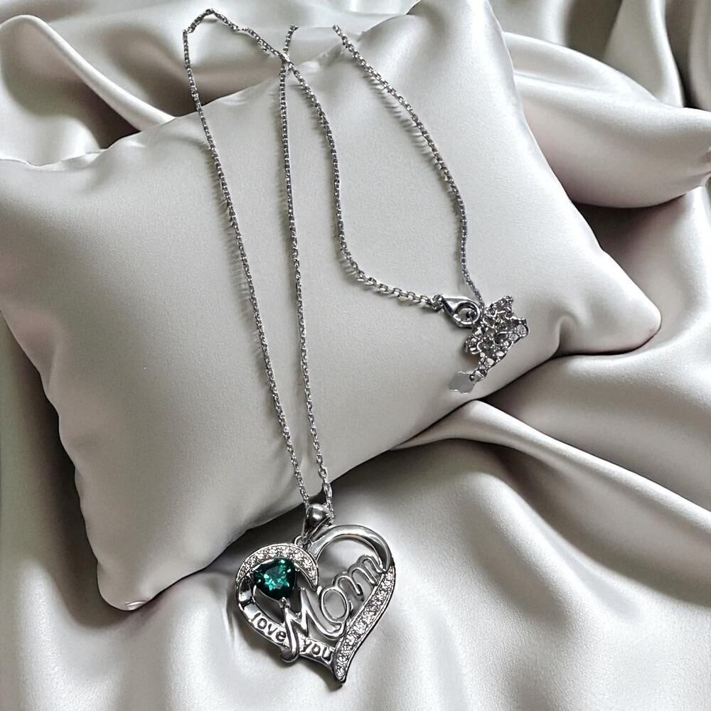 I Love You Mom Green Cz Heart Sterling Silver Necklace